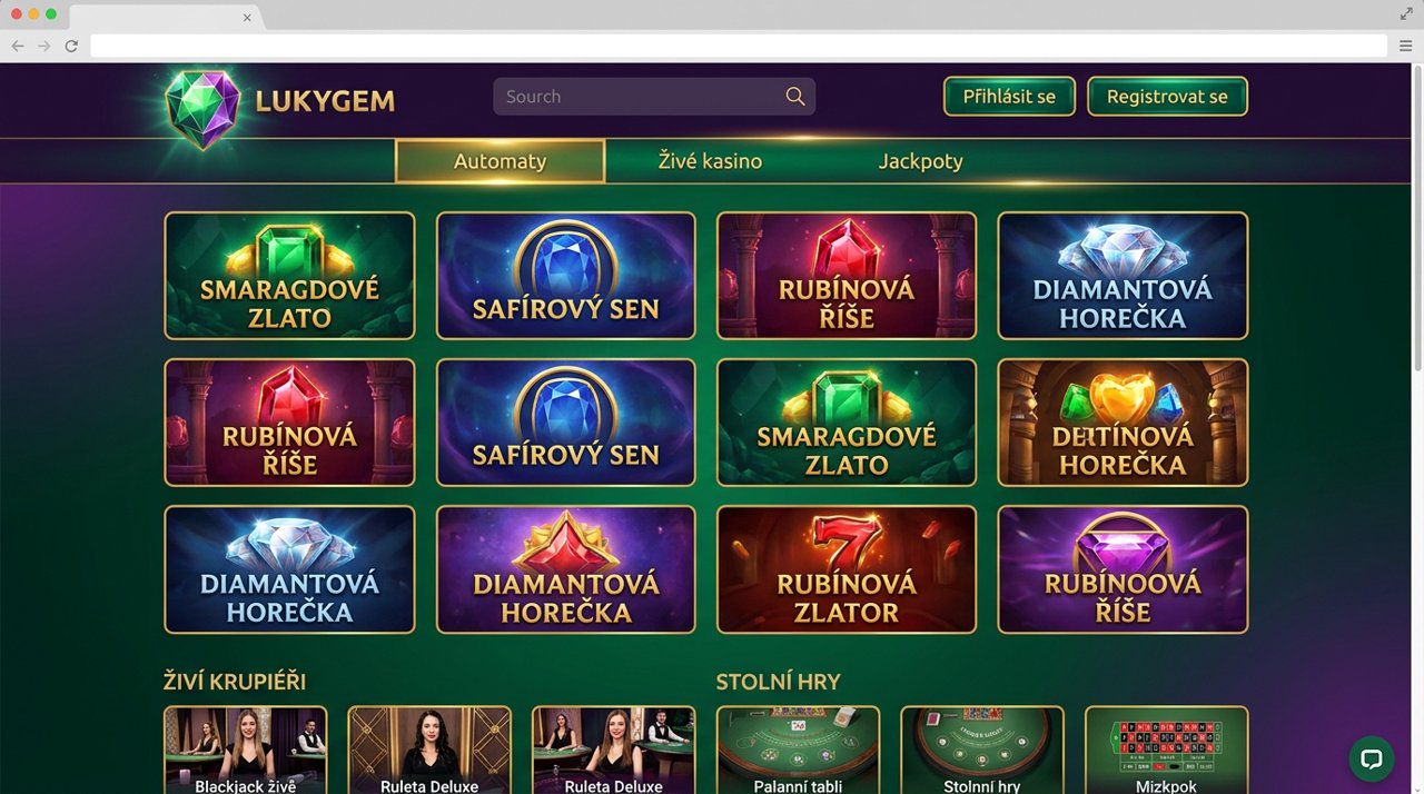 Úvodní stránka online casina Luckygem s nabídkou automatů, živého casina a jackpotů