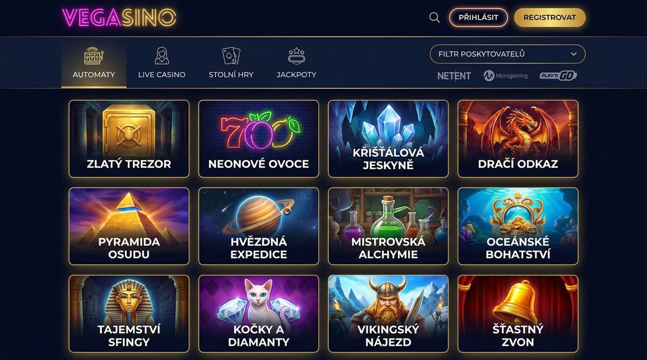Herní lobby online casina Vegasino s kategoriemi automatů, živého casina a jackpotů