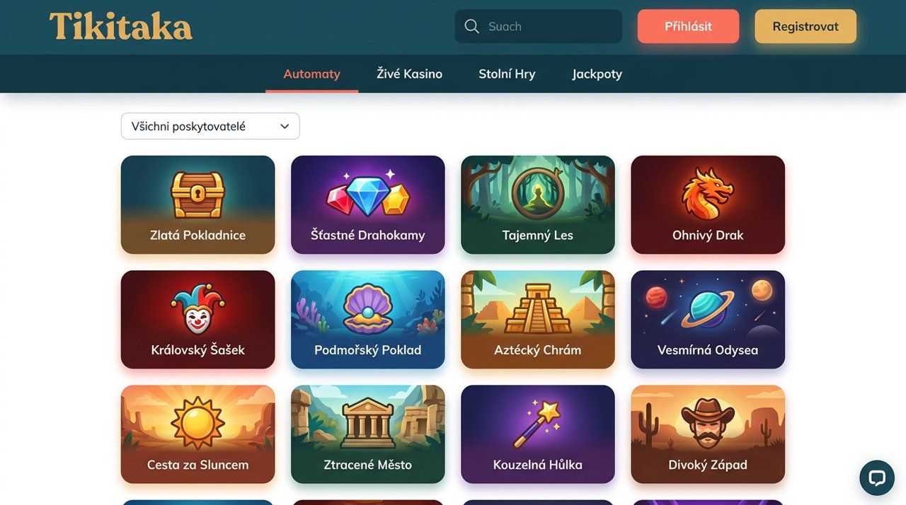 Úvodní stránka online casina Tikitaka s nabídkou automatů, živého casina a jackpotů
