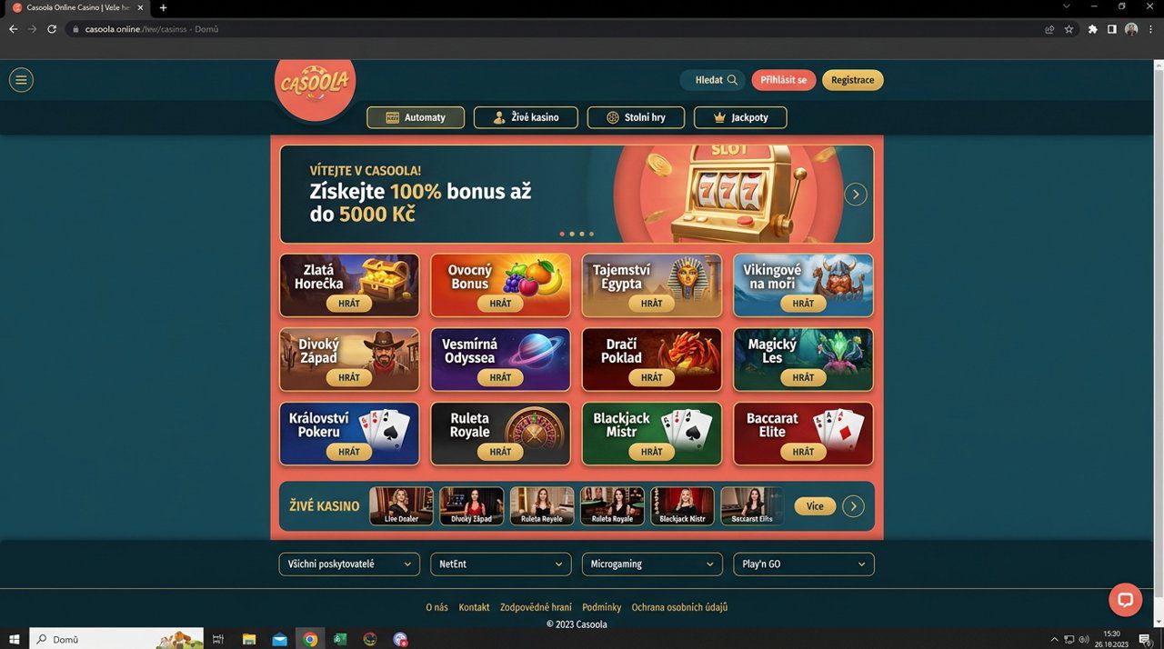 Úvodní stránka online casina Casoola s nabídkou automatů a živého casina