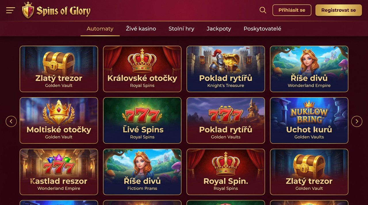 Úvodní stránka online casina Spins of Glory s nabídkou automatů a kategoriemi her