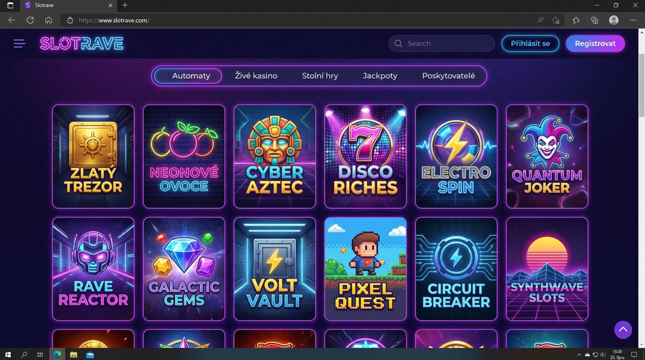 Úvodní stránka online casina Slotrave s nabídkou automatů, živého kasina a stolních her