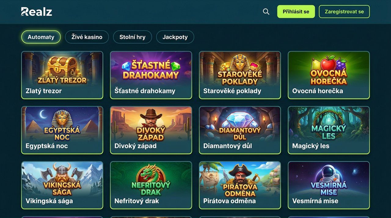 Úvodní stránka online casina Realz s nabídkou automatů, živého casina a jackpotů