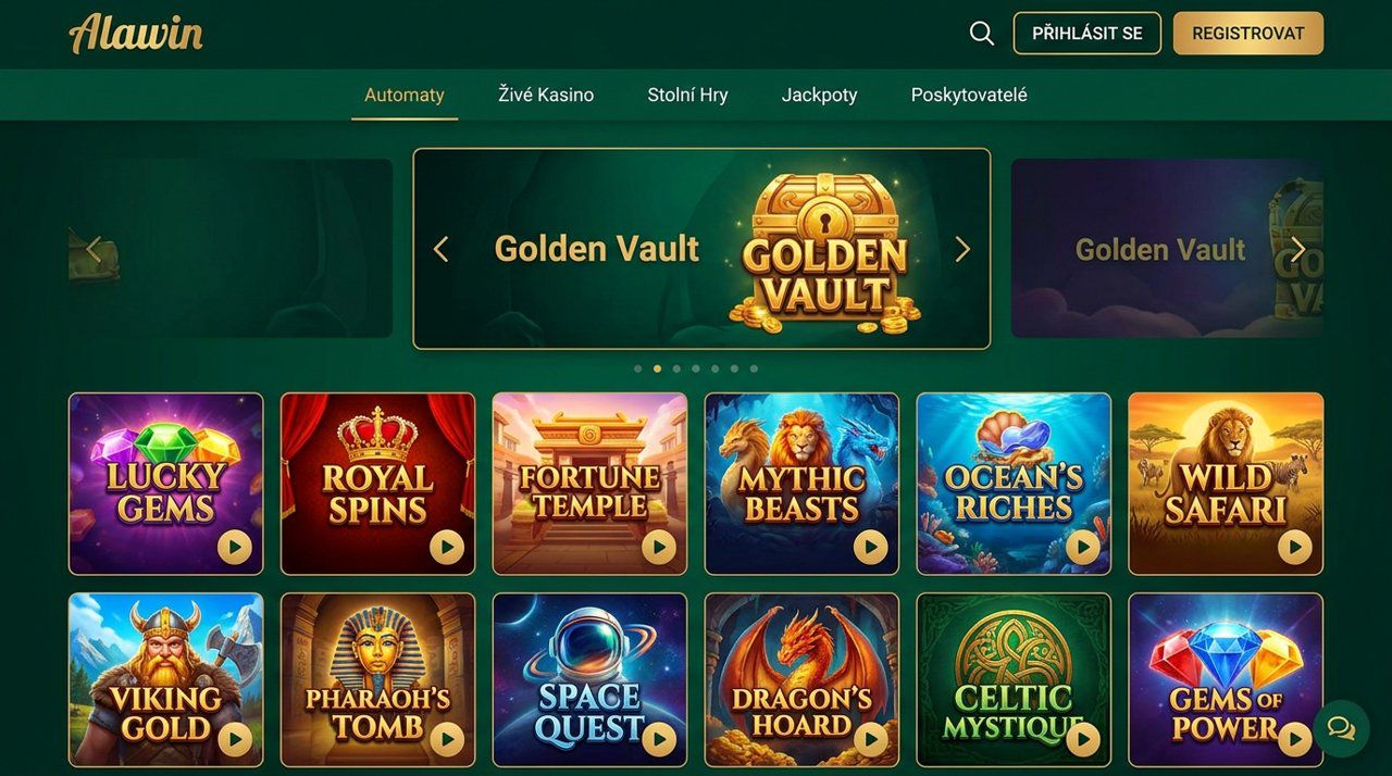 Úvodní stránka online casina Alawin s nabídkou automatů, živého kasina a jackpotů